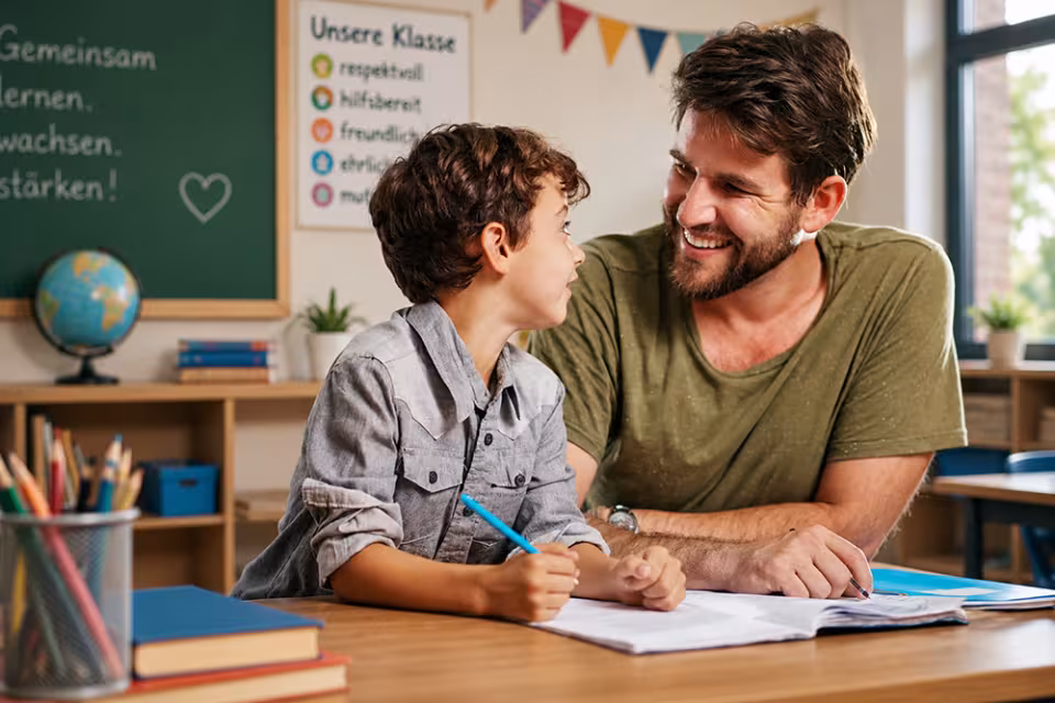 Ein Schulbegleiter hilft einem Schüler bei einer Aufgabe.